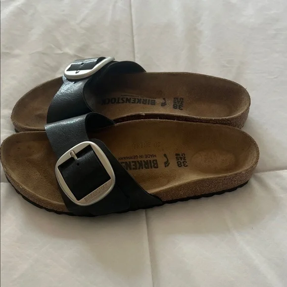 Birkenstock Black Slides with Metallic Buckle Size 38 Worn Once - Picture 2 of 4